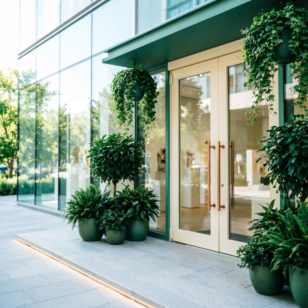 Modern glass storefront with green plants