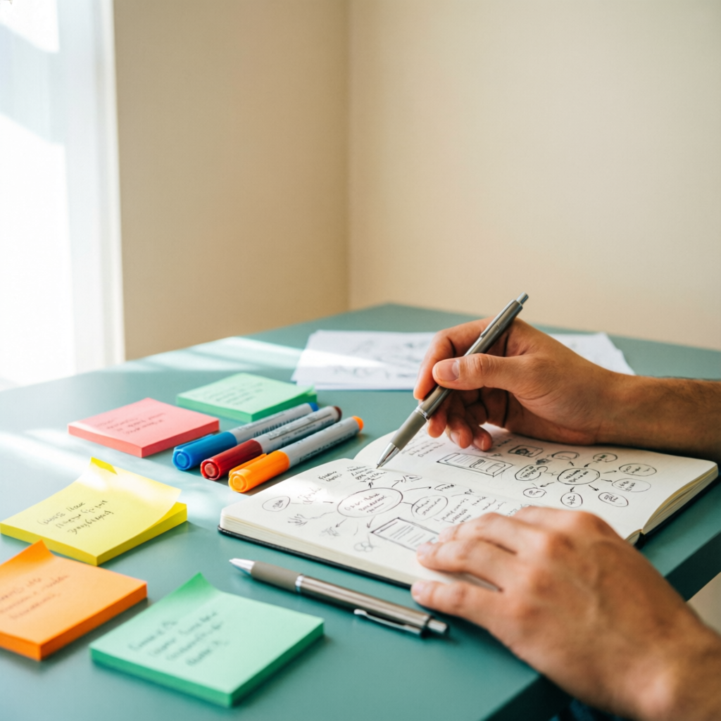 Hands planning a creative project with sticky notes
